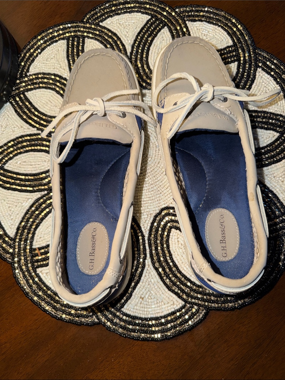 G.H. Bass & Co. Women's Light Beige Boat Moccasins with Navy Insole
